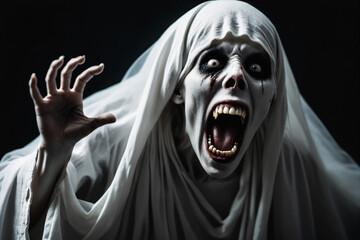 Horror white undead creature screaming on black background