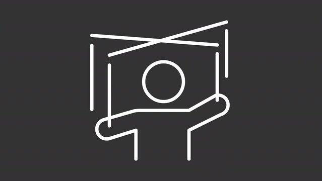 Manipulation white line animation. Pulling puppet strings animated icon. Psychological abuse, harassment. Isolated illustration on dark background. Transition alpha video. Motion graphic