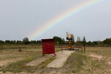 Suspended, frozen, clogged oil well. Copy space.