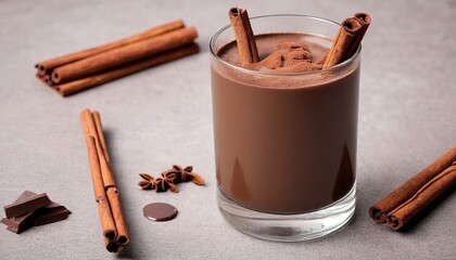 brown detox coctail with cinnamon sticks and chocolate lie on the table