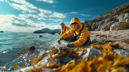 Two men in yellow jackets sitting on a beach admiring seaweed by the water - obrazy, fototapety, plakaty
