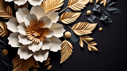  black and white flower background with gold and silver decoration, black and gold and white floral pattern,  enchanting floral shapes and luxurious black silk texture