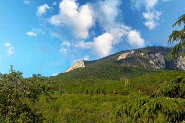 Fototapeta na wymiar Mount Avunda with a road bridge in the Mountainous Crimea. Landscape