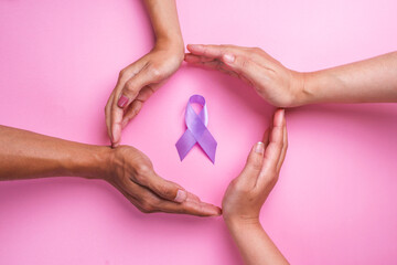 Hands Surrounding Purple Ribbons to Support Alzheimer's Disease, Pancreatic Cancer, Epilepsy...