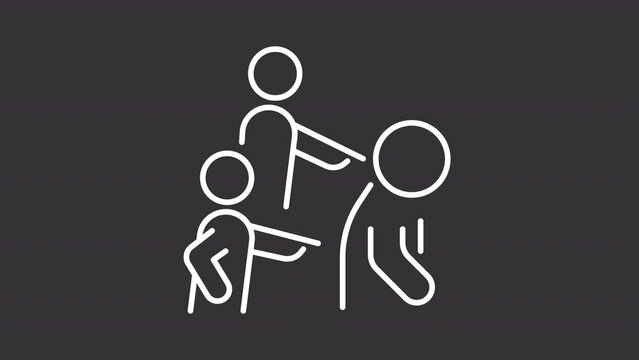 Animated bullying victim white icon. Social harassment bullies line animation. Toxic environment, persecution. Isolated illustration on dark background. Transition alpha video. Motion graphic