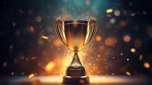 Golden trophy winner cup with blurred background and copy space