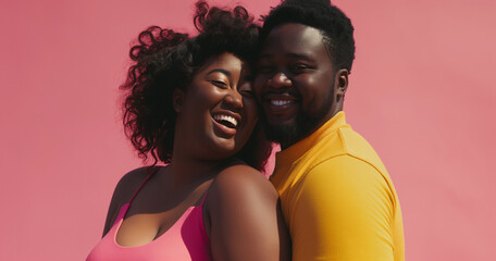 Obraz premium Young black couple in love, man and woman smiling and laughing, pink background