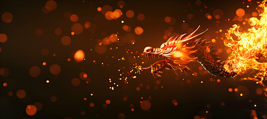 A Dragon spiting the fire, side perspective, normal exposre, empty space for text or logo, blured reallistic background - obrazy, fototapety, plakaty