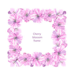Spring sakura cherry blooming flowers square frame. Watercolour flower decor hand drawn illustration. Seasonal. Painted botanical floral elements. Isolated background. Greeting cards, banner
