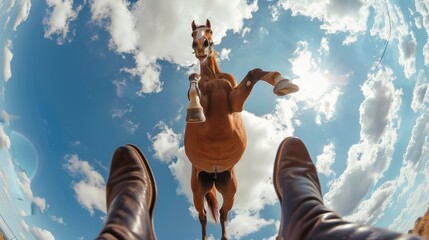A horse attacks a man. An animal jumps on a person against the sky. First person view with human legs - obrazy, fototapety, plakaty