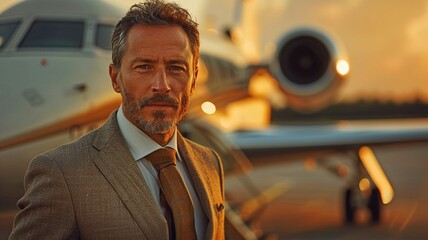 A businessman is standing close to a private plane.