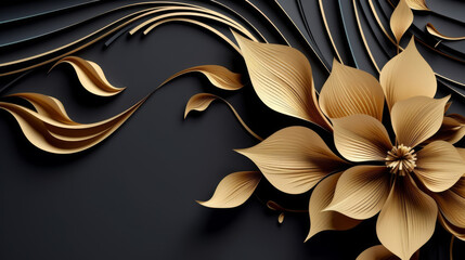 black and gold wavy background with gold abstract motifs, black and gold and white floral pattern,  enchanting floral shapes and luxurious black silk texture