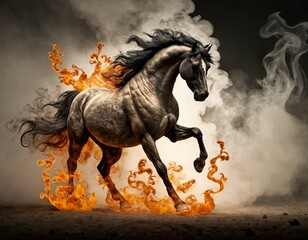 fire horse in a New Year's shrouded in smoke, smoke explosion, smoke punk, stealth, explosive movement, postcard concept with the symbol of the year 2026 according to the Chinese calendar