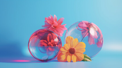 Flowers and transparent bubbles on a blue background
