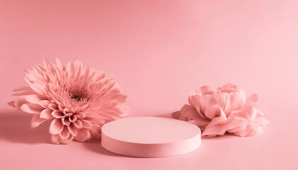 Fototapeta na wymiar Round podium with flowers for beauty product placement, advertising. Natural materials. Copy space