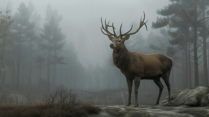 Deer in the foggy forest
