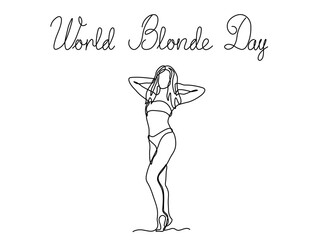 World Blonde Day.Abstract blonde girl in a swimsuit.continuous single line art hand drawing sketch