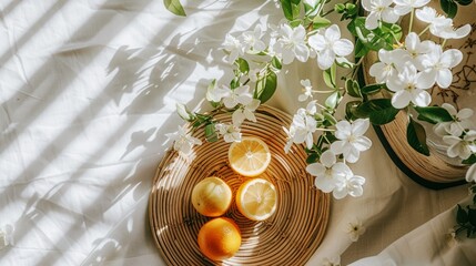 citrus and jasmine flowers arrangement background