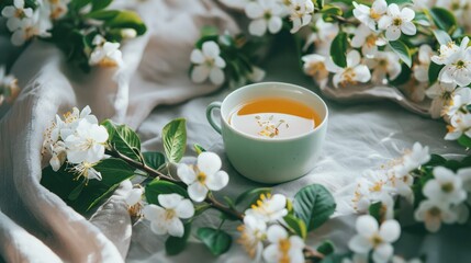 cup of herbal tea with blooming jasmine branches