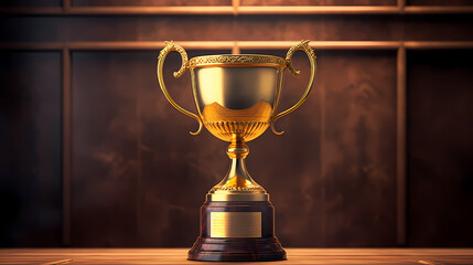 Golden trophy winner cup with blurred background and copy space