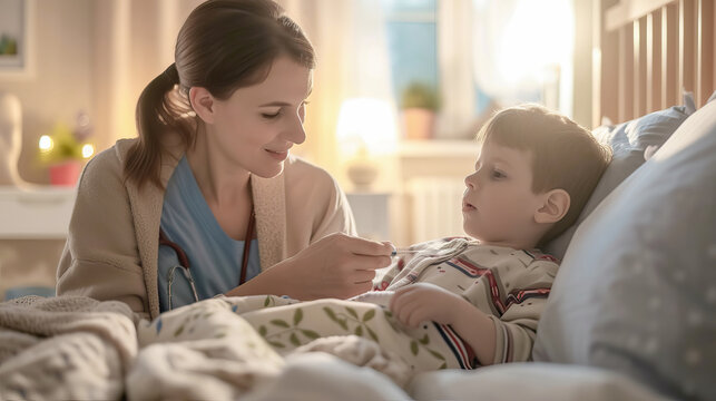 A Mother Sits At The Bedside Of A Sick Child And Treats Him
