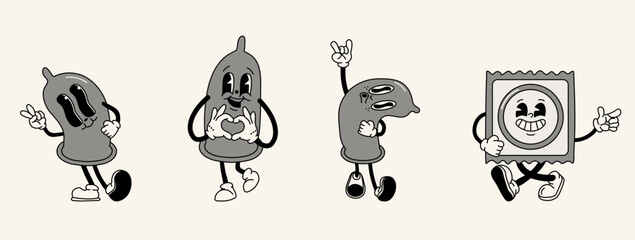 Set of Black and white retro condom mascot character. 40s, 50s, 60s old animation style. Safe sex,birth control and contraception concept
