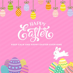 Colorful Happy Easter with eggs, rabbit, bunny and text. Modern minimal style. Trendy Easter design with typography. For poster, greeting card, header for website