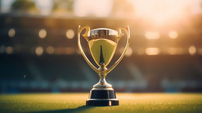 Golden trophy winner cup with blurred background and copy space