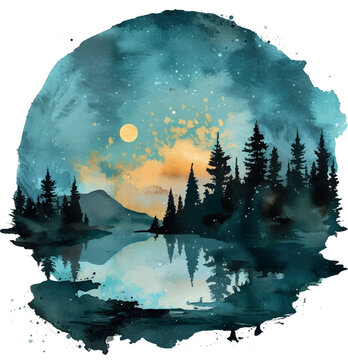 watercolor circle night landscape with lake forest sky