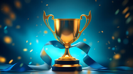 Golden trophy winner cup with blurred background and copy space
