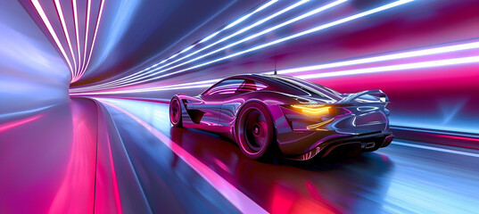 A sleek electric car gliding through a neon-lit tunnel - obrazy, fototapety, plakaty