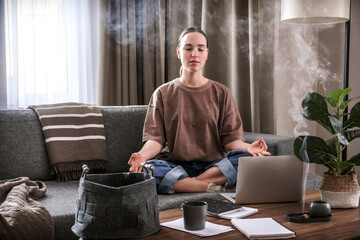 Remotely work.freelancer meditation works remotely home.cozy workation, remote work,leisure, work...