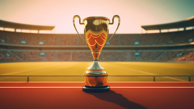 Golden trophy winner cup with blurred background and copy space