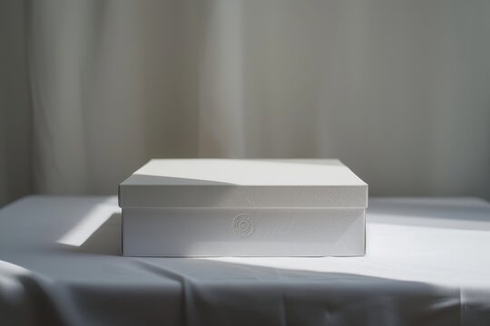 elegant display of simplicity with a white box on a textured surface, the soft light enhancing its purity and calmness