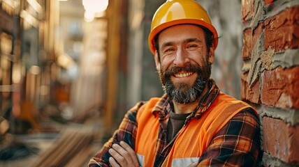 A cheerful bricklayer at a building site is shown in this portrait. Happy bricklayer wearing a helmet and safety vest. - obrazy, fototapety, plakaty