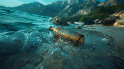 A plastic bottle drifts on the water, floating on the beach