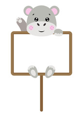Cute hippo waving hanging a blank signboard
