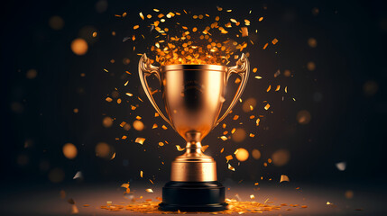 Golden trophy winner cup with blurred background and copy space