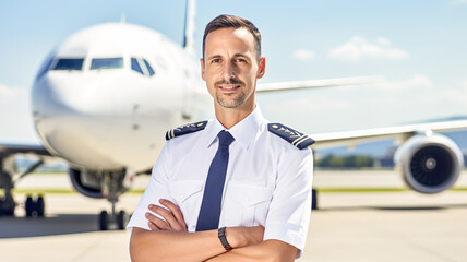 Portrait of smiling young adult male airplane pilot, wearing airplane pilot uniform, standing on the runway, posing in front of white commercial airplane.