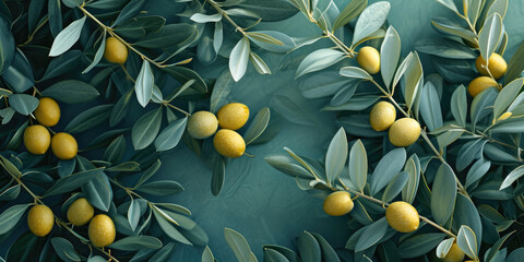 Vibrant olive branches laden with golden fruits sprawl across a textured dark green background.