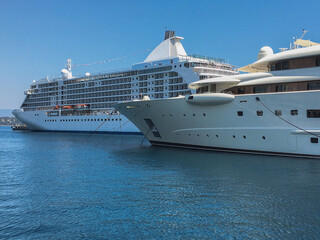 Luxury deluxe yacht cruiseship cruise ship liner Voyager docked at pier in Monte Carlo Monaco,...