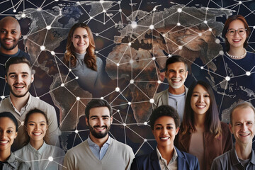 A diverse group of individuals from different continents linked together through virtual communication platforms, illustrating the power of global connectivity, - obrazy, fototapety, plakaty