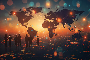 Silhouettes of people interconnected by glowing lines against a world map backdrop, showcasing the interconnectedness of global business networks, - obrazy, fototapety, plakaty