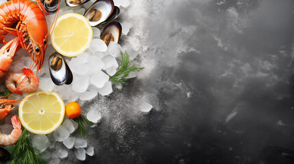 Fresh raw fish and seafood assortment on black slate background, Top view, Copy space