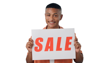 Portrait, sale sign or happy man by offer, discount deal or launch for poster or business advertising. Show, smile or person with board for marketing or promotion on png, transparent background