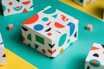 lively scene featuring a white box decorated with colorful geometric patterns, set against a contrasting dual-toned background