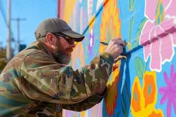 A veteran collaborating with local artists to create a mural celebrating community and service,...