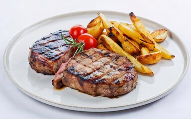 Grilled steak and potatoes on a plate isolated on white background