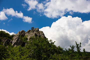 Red rock, cliff in the Gurzuf valley on the southern coast of the Crimea peninsula, located at an...