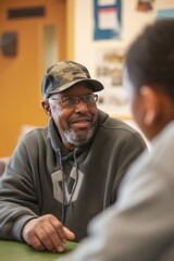 A veteran mentoring at-risk teenagers in a community center, providing guidance and positive role models.
